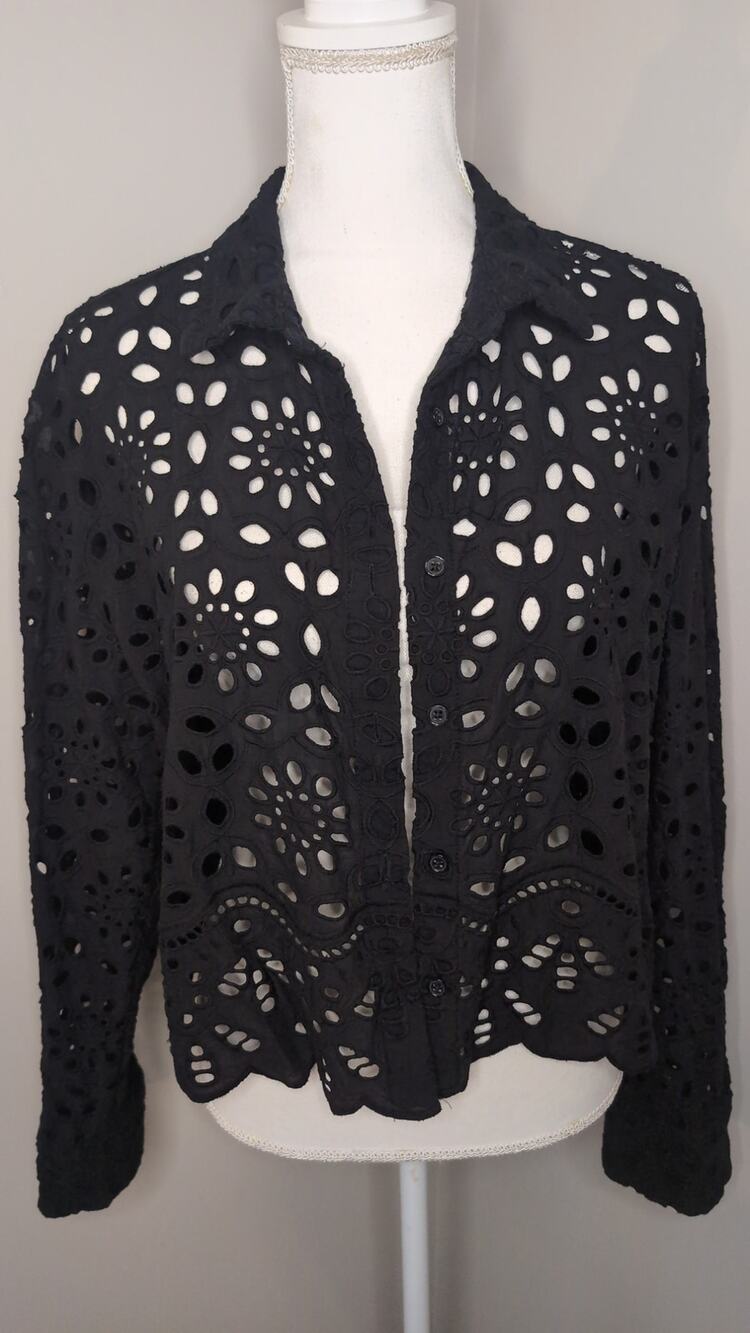 Joie Black Eyelet Embroidered Button Front Blouse XL Boho
